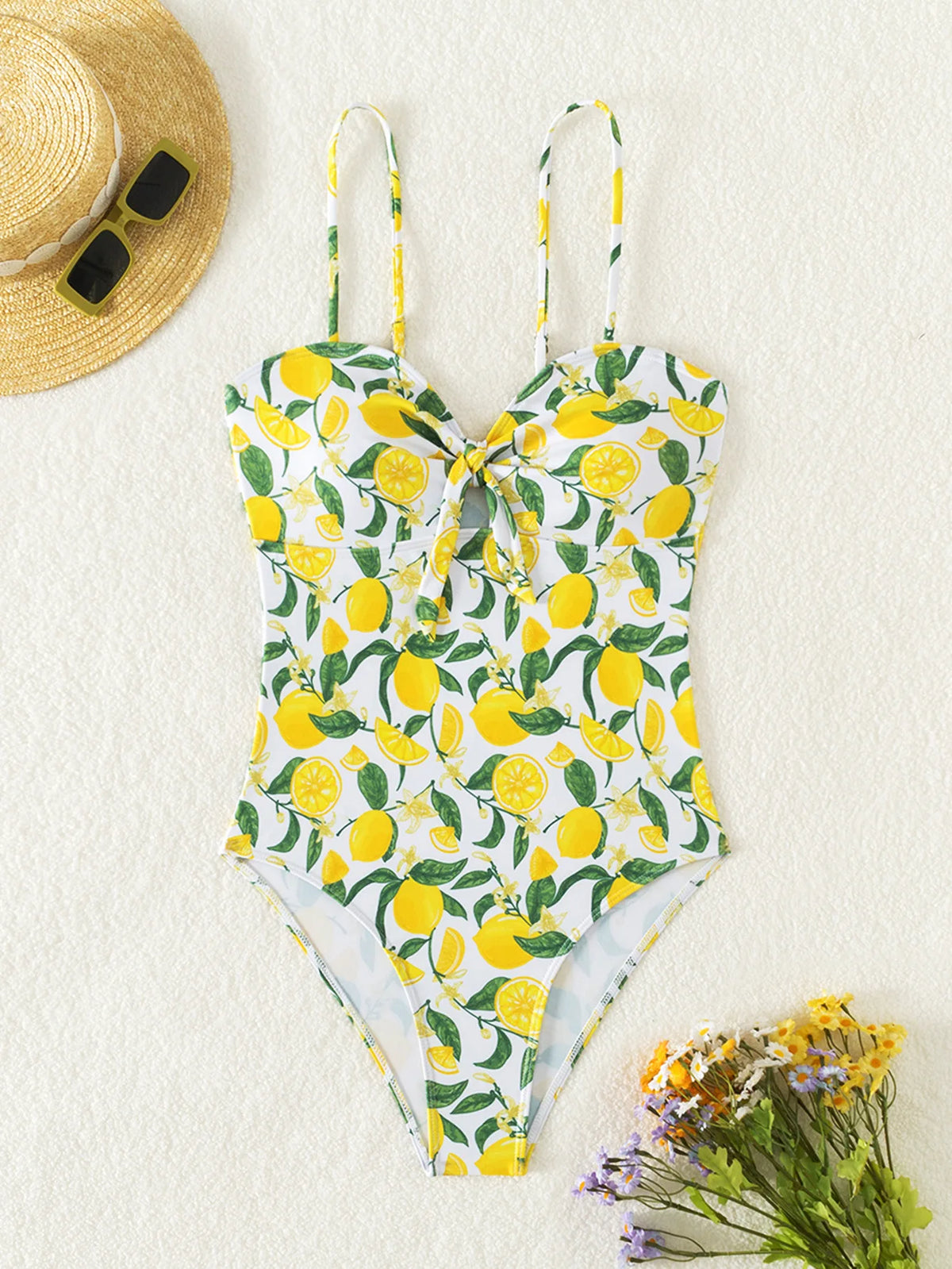 2026 New Yellow Fruit Print Bikini Suspender Backless Sexy One Piece Swimsuit High Waist Hollow Out Beach Vacation Bathing Suit