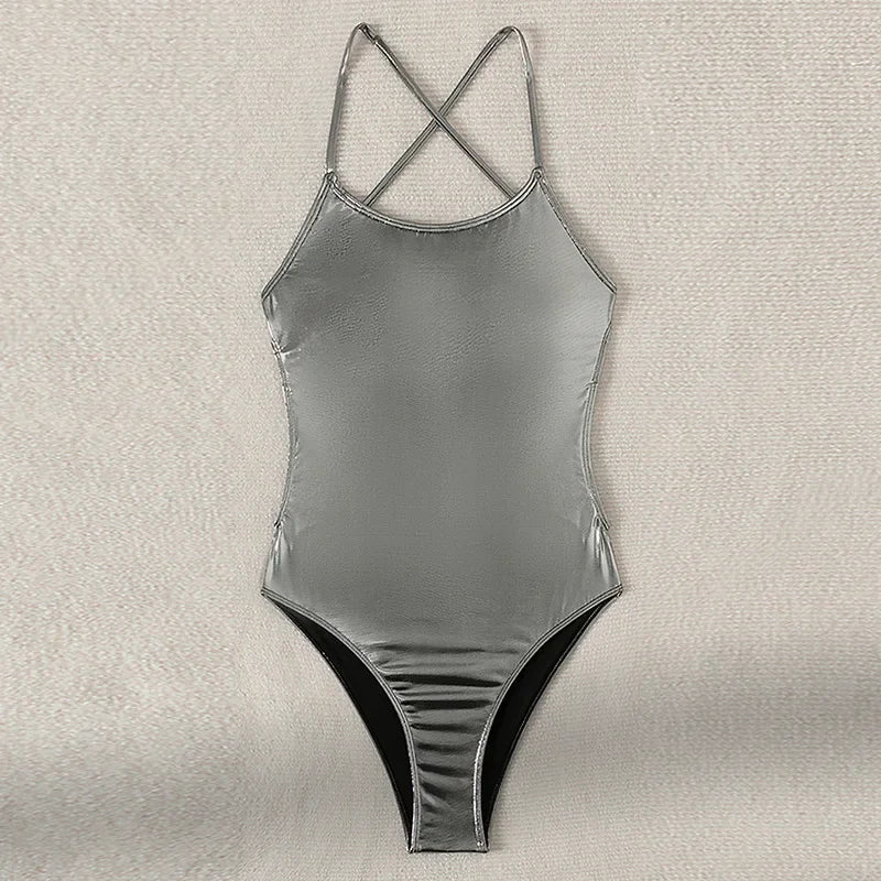 2026 New Silver Shiny Leather One Piece Swimsuit Women,U-neck Suspender Bikini,cross Strape Backless Monokini Summer Beachwear