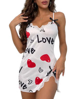 New Sexy Black Nightgown for Women Red HeartLove Print Satin Lace Trim Mini Chemise Adjustable Spaghetti Strap Lingerie