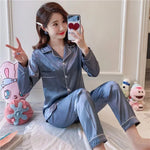 Spring Autumn Silk Pajamas Set for Women Casual Soft Nightwear Tops and Pants Solid Buttons Cardigan Sleepwear Homewear