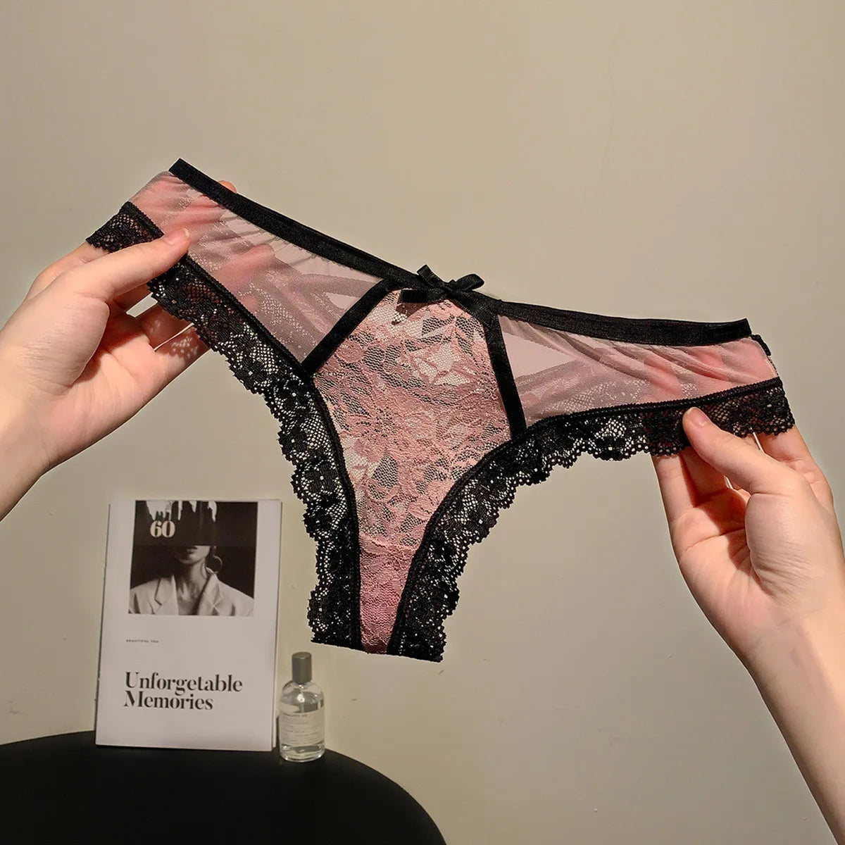 Women’s Flower Embroidery Sexy Thong Spicy Girl Lace Transparent Underpants Thin Summer Hollow Out Panties Bow Briefs