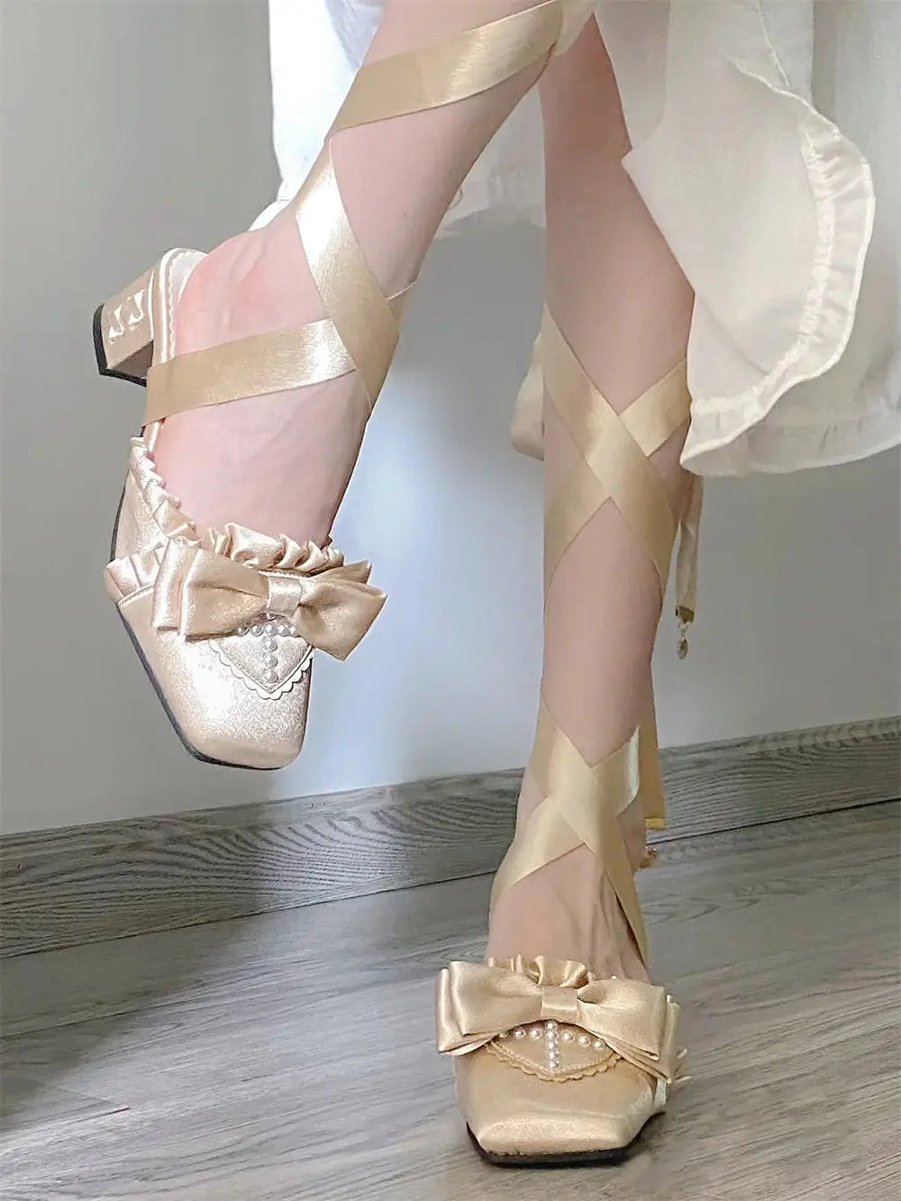 Brand New Vintage y2k Square Toe Mules Pumps Gothic Ruffles Lolita Bow-knot Block Heels Ribbon Tie Ballet Shoes Women