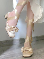 Brand New Vintage y2k Square Toe Mules Pumps Gothic Ruffles Lolita Bow-knot Block Heels Ribbon Tie Ballet Shoes Women