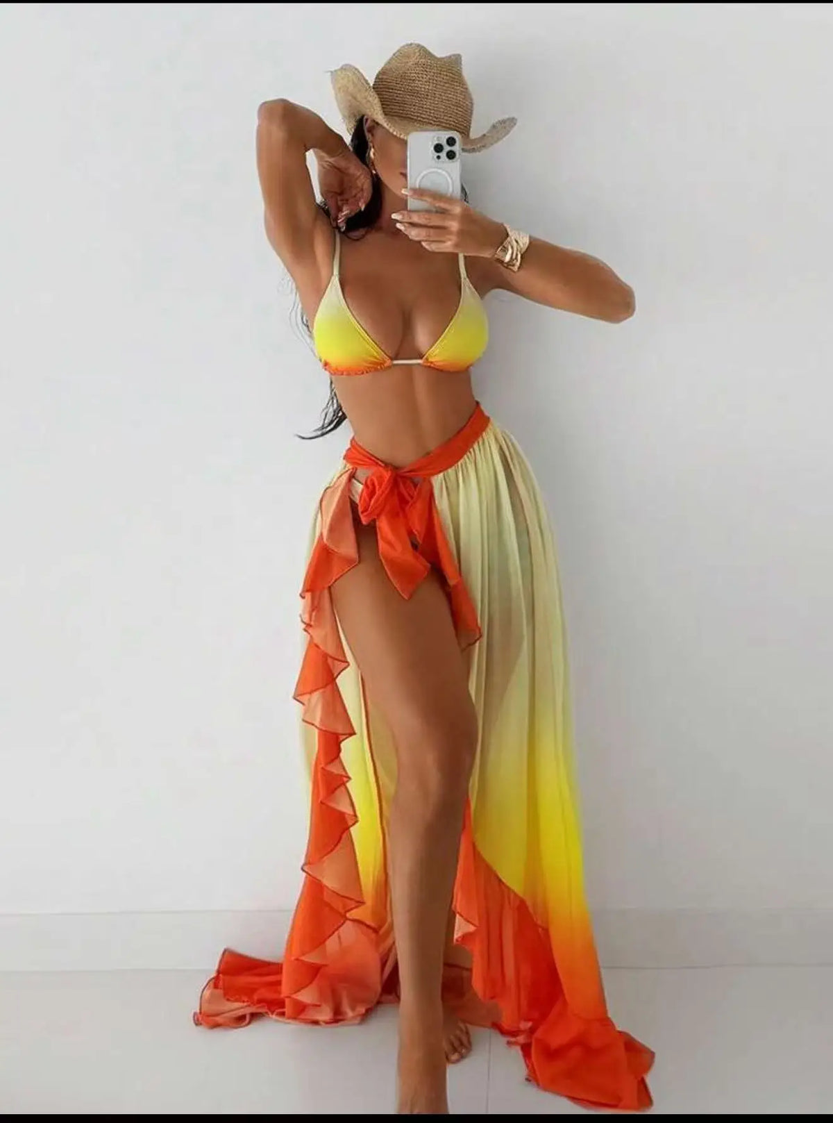 Sexy Green Tie Dye Gradient Bikini Set Women Mesh Split Long Skirt 3 Piece Swimsuit 2026 Bathing Suit Holiday Swimwear Biquini