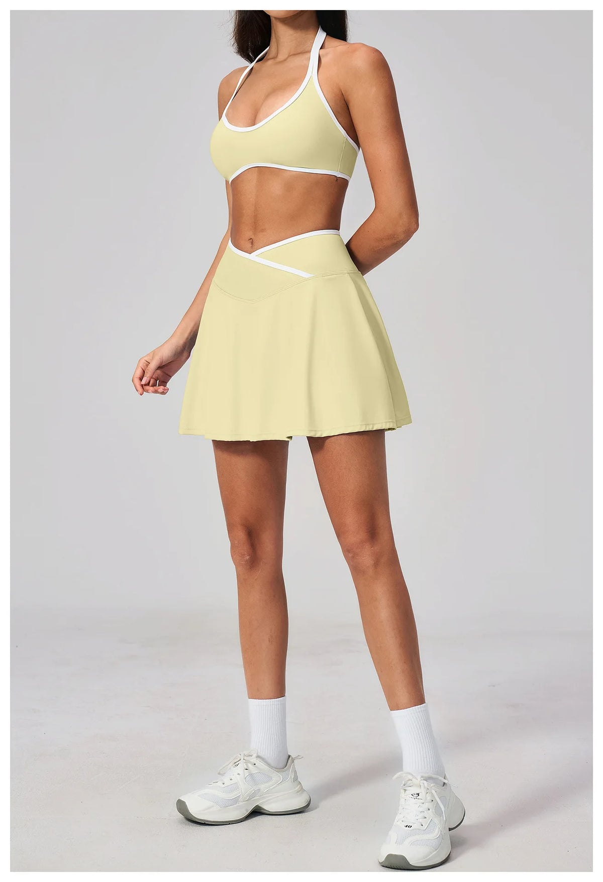 Summer New Outdoor Breathable Yoga Sets Women Color Block Shockproof Sports Bra Tennis Pleate Skirt Gym Workout Fitness Suits