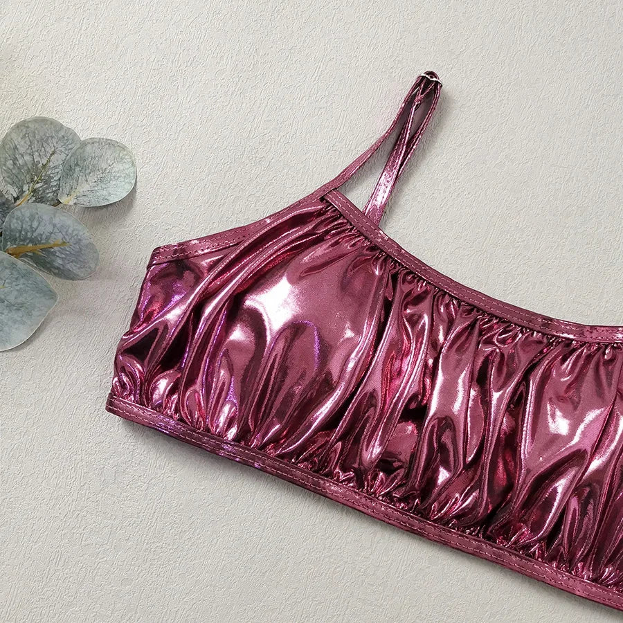 Shiny Pink Micro Thong 3 Piece Bikini Set Damen Women 2026 Sexy Swimsuit with Skirt Cover Up Bandeau Swimwear Beachwear Bikinis