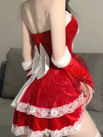Cute Bunny Santa Christmas Costume Velvet Ruffle Mini Dress Rabbit Headband Bow Tie Xmas Holiday Cosplay Fancy Outfit For Ladies
