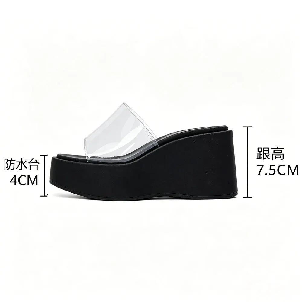 Transparent PVC Wedge Slide Mules Shoes Women Vintage Slip On Platform 7.5CM High Heel Leopard Print Polka Dot Summer Sandals