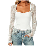 Women'S Sexy Lace Patchwork Square Collar Long Sleeve T-Shirt Elegant Sheer Mesh Slim Fit Cropped Top Spring/Fall 2026 Basic Top