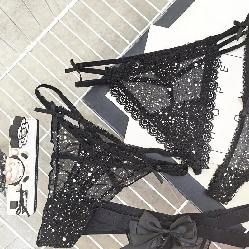 Sexy Women's Thong Erotic Cross Hollow T Pants Starry Sky Shiny Sequins Black Mesh Transparent Bow Perspective Briefs Lingerie
