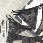 Sexy Women's Thong Erotic Cross Hollow T Pants Starry Sky Shiny Sequins Black Mesh Transparent Bow Perspective Briefs Lingerie