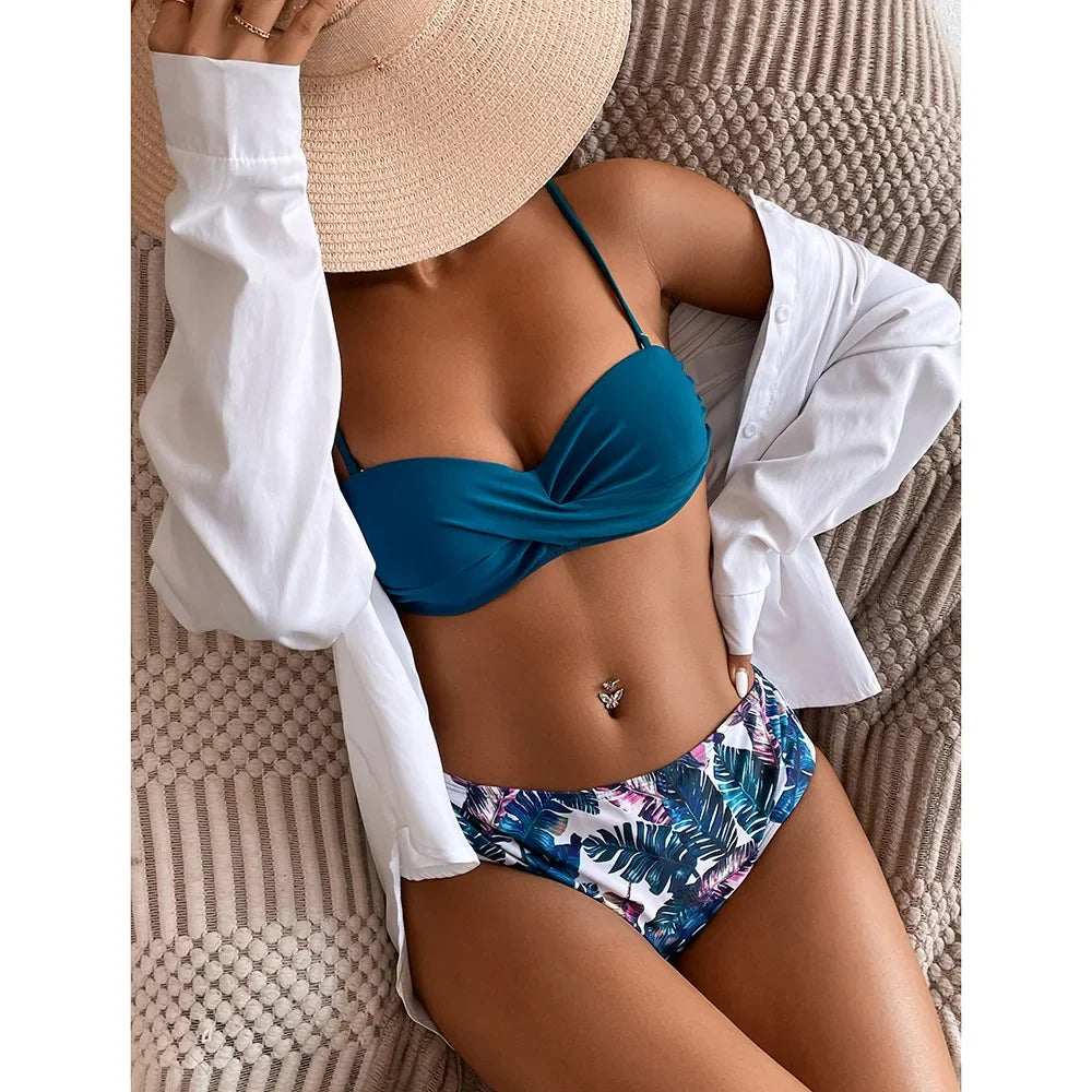 Print Bandeau Bikini Swimsuit Women Push Up Bikini Set Swimwear Female High Waisted Bathing Suit Beach Wear Brazilian Biquini