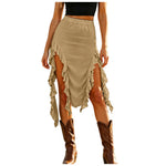 Women Western Boho Midi Skirt High Waist Ruffled Asymmetrical Hem Slit Flowy Summer Skirts Casual Cowgirl Style Streetwear Y2k