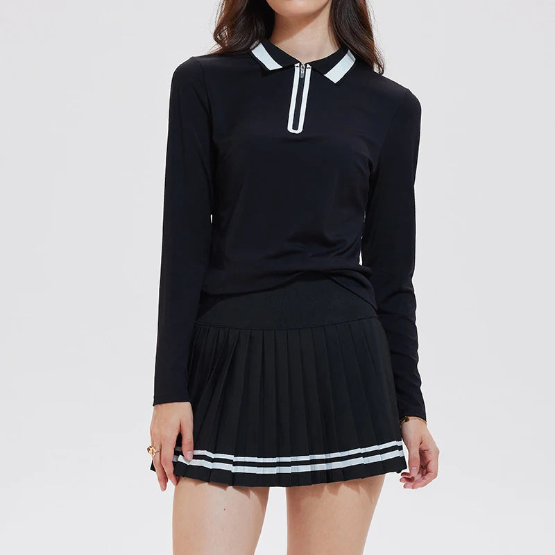 VITALINOVO Tennis Skirt Sets for Women Zipper Color Block Shirts High Waisted Golf Polo Two Piece Skirt Set Women 2 Piece Outfit