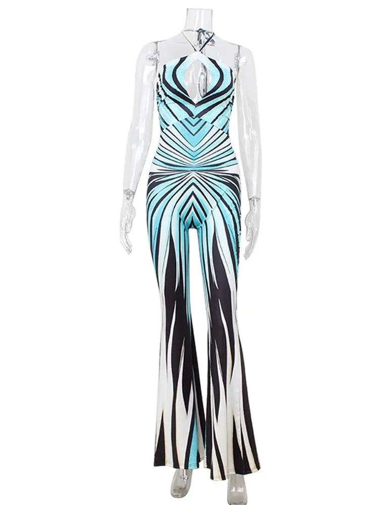 Ahagaga Fashion Printed Women Jumpsuits Halter Bandage Hollow Out Striped Skinny Flare Pants Sexy Streetwear Rompers Female