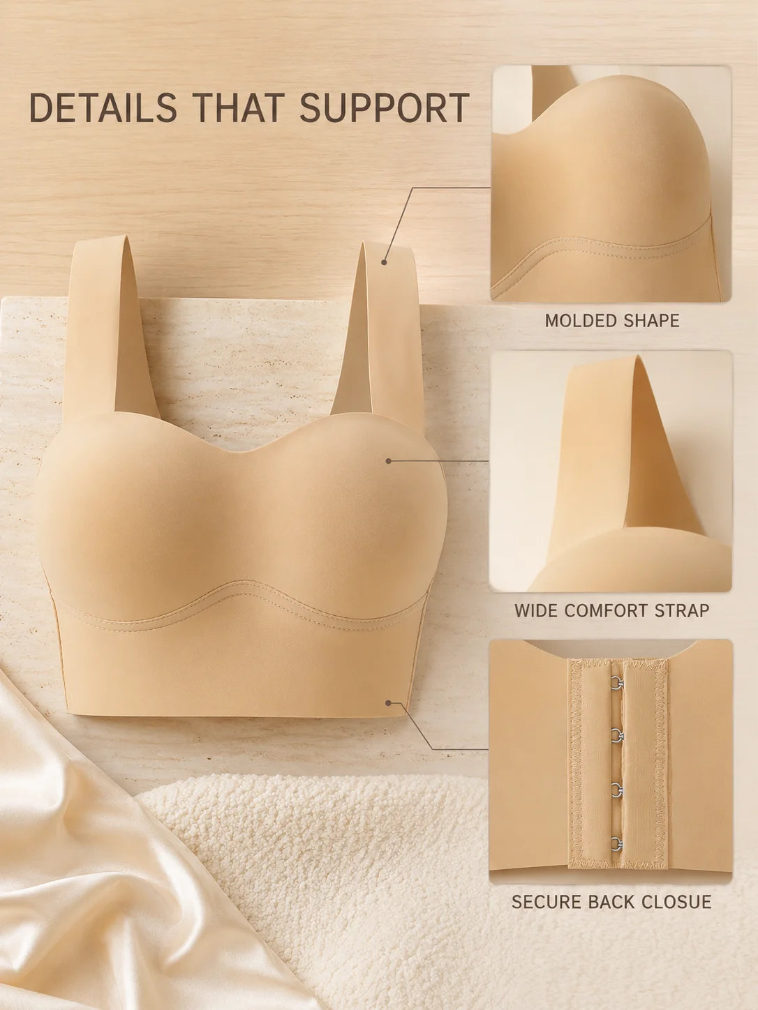 Women's Wirefree Seamless Bra, Back Closure U-Back Support Bra, No Steel Ring Comfortable Everyday Bra, Nude Invisible Underwear