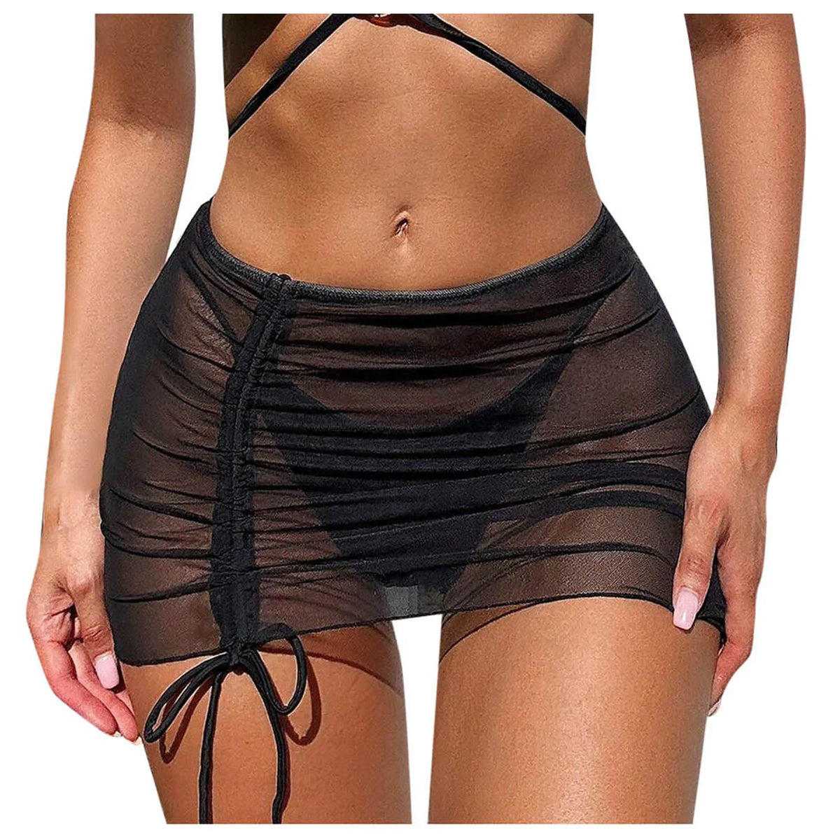 Women Black Mesh Ruched Drawstring Skirt Sheer Bodycon Beach Cover Up Adjustable Side Tie Sarong Swimwear Sexy See Through Skirt