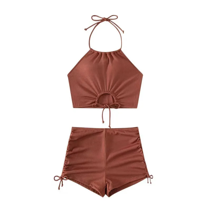 2024 Summer Black Swimsuits Shorts High Neck Bikini Sets Female Swimwear Sports Beach Wear Women's Two-Piece Bathing Suits Pool
