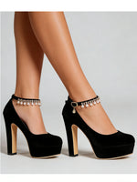 2026 Big Size 33-43 Classic Black Office Lady Beading Ankle Strap Platform Pumps Elegant Red 12cm Party High Heels Shoes Women