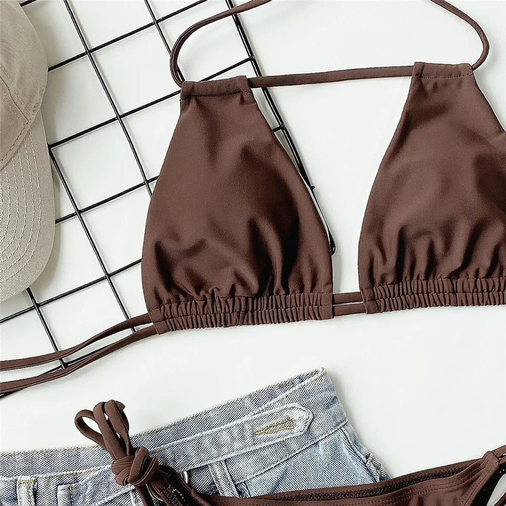 Sexy Brown String Halter Micro Thong Bikinis Sets Lace-up Swimsuit Hollow Out Swimwear Women 2026 Biquinis Bathing Suit Bikini