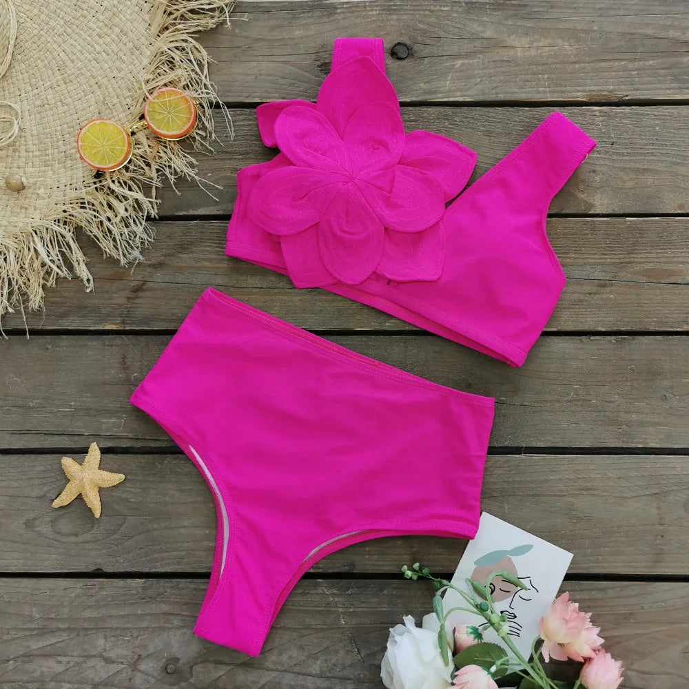 2024 Sexy Sling Ruffle Solid Two Pieces Bikini Women High Waist 3D Flower Swimsuit Skirt Summer Backless Beachwear Bathing Suit