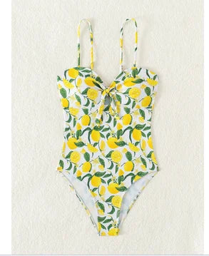 2026 New Yellow Fruit Print Bikini Suspender Backless Sexy One Piece Swimsuit High Waist Hollow Out Beach Vacation Bathing Suit