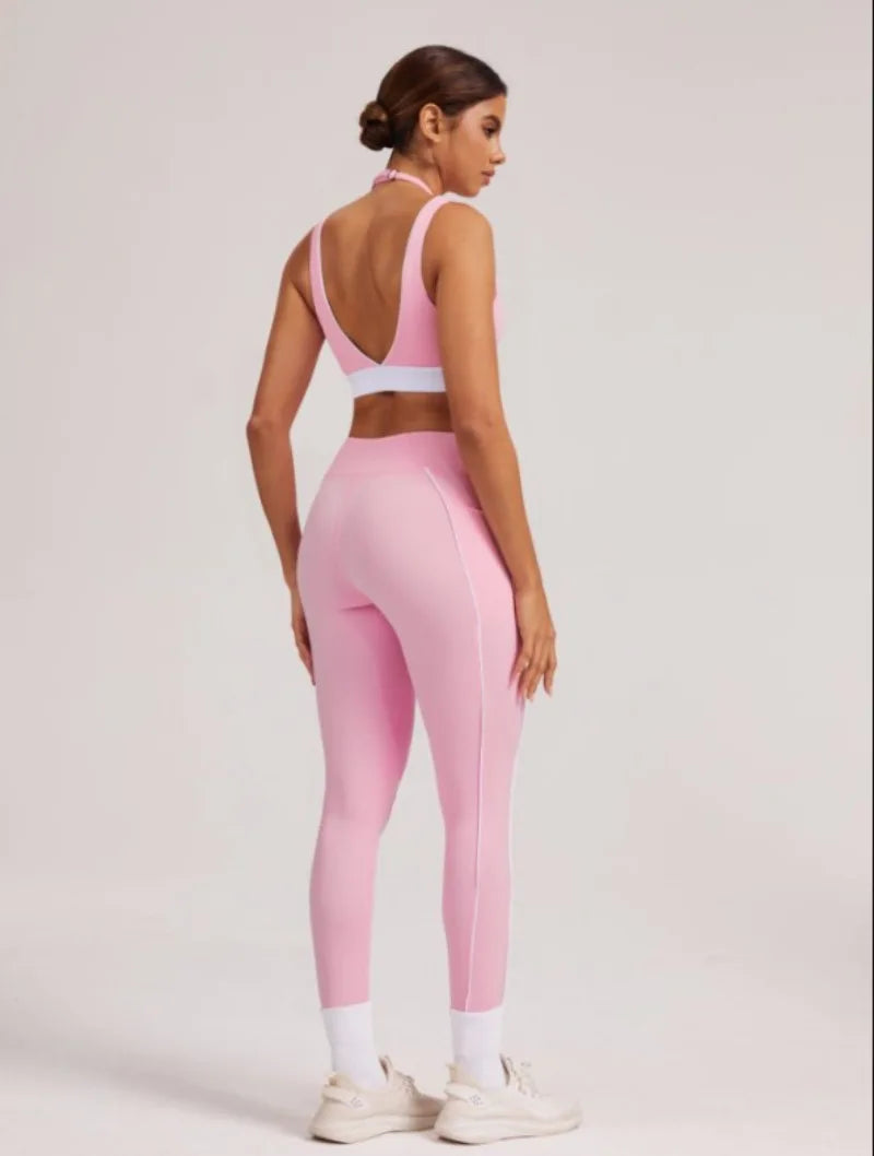 Women's Yoga Sets Sports Fitness V-Neck Halter Sports Bra Color-Block Hip-lifting Pants Suits Running Training Workout Gym Sets