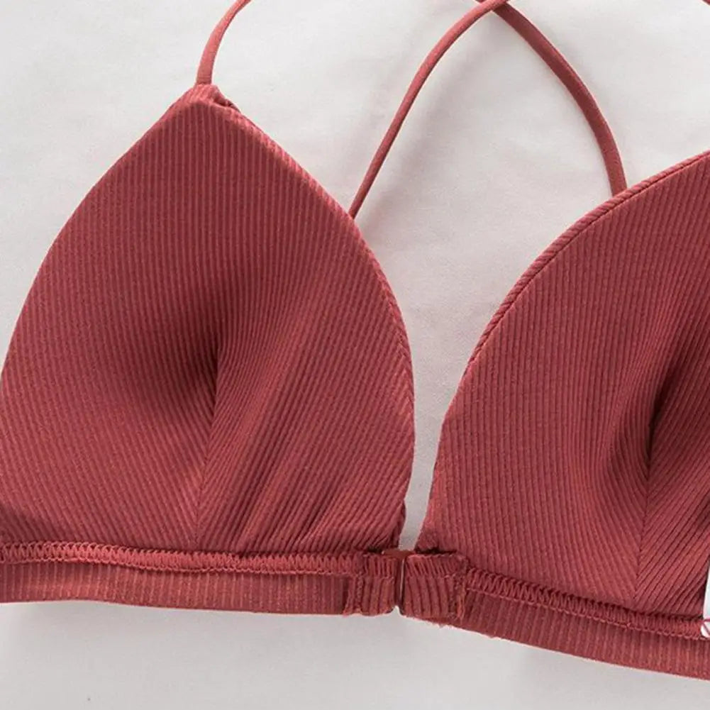 Women Simple Bra Triangle Cup Thin Straps Wrapping Chest Front Buckle Wireless Ribbed Bra Sexy Sports Cross Back Bra