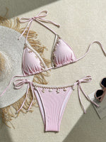 Shell Decoration Ribbed Bikini Women Swimwear Female Swimsuit Two-pieces Bikini Set Halter Strappy Bather Bathing Suit Swim Lady