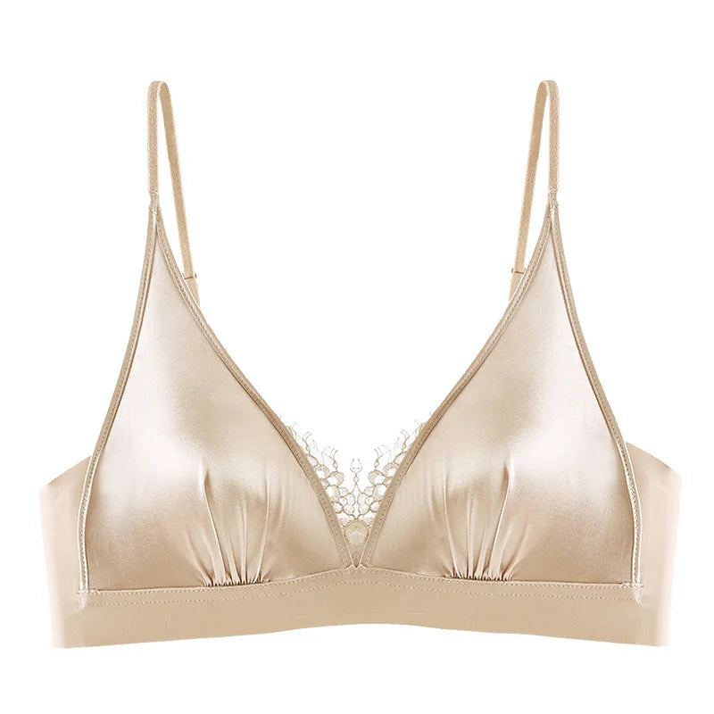 French Elegant Bra Lingerie Wirefree Bra Luxury Satin Bralette for Small Chest Summer Thin Lace Bra Elegant Comfort Bralette