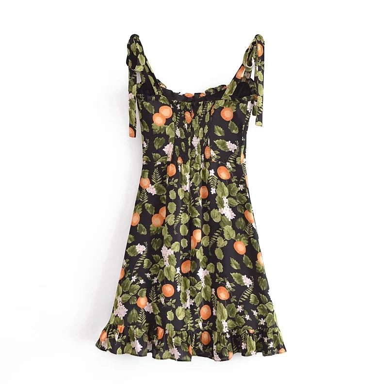 French Style Vintage Lemon Leaf Printed Green Dress Sexy Slip Midi Sleeveless Tank Dress Chiffon Women Holiday Elegant Dress