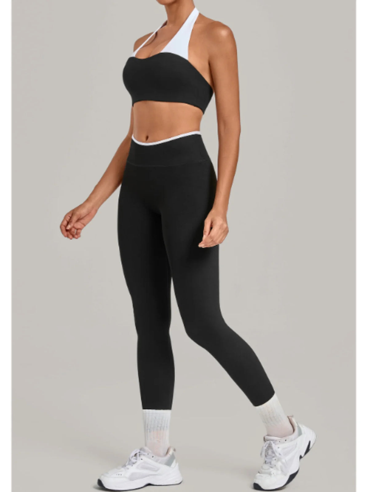 2 Pieces Color-block Yoga Sets WomenHanging Neck Sports Bra High Waist Pants Built-in Pockets Outdoor Fitness Workout Suit