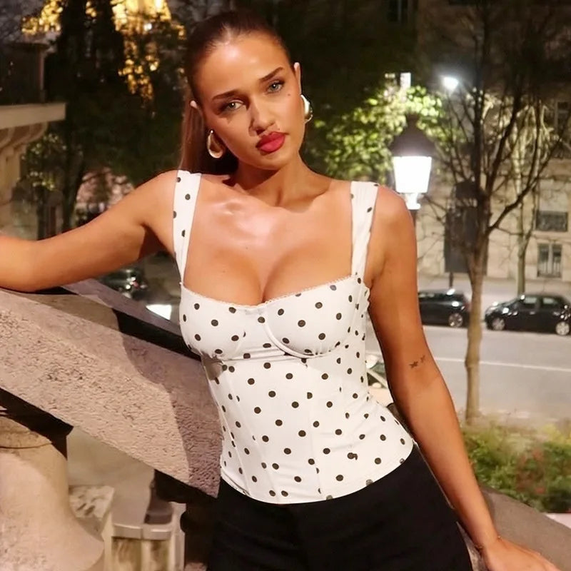 FDYOUI 2026 Summer Women's Polka Dot Camisoles Fashion Sexy Sleeveless T-shirt Backless Slim Corset Female Crop Tops Streetwear