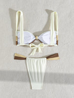 Sexy Front Tie Bikini 2025 Women Beige Patchwork Pleate Push Up Micro Swimsuit Brazilian Gradient Bathing Suit Thong Swimwear