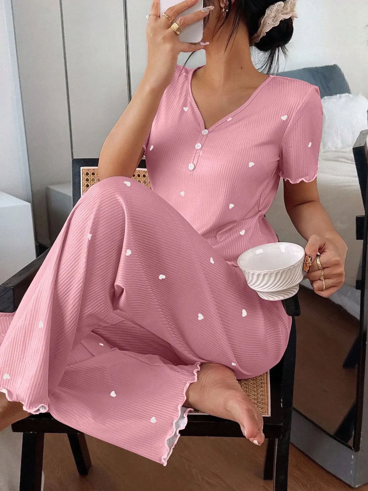 Autumn Winter Women's Sleepwear Short-Sleeve Tops and Ribbed Trousers Pajamas Set Casual Homewear Loungewear
