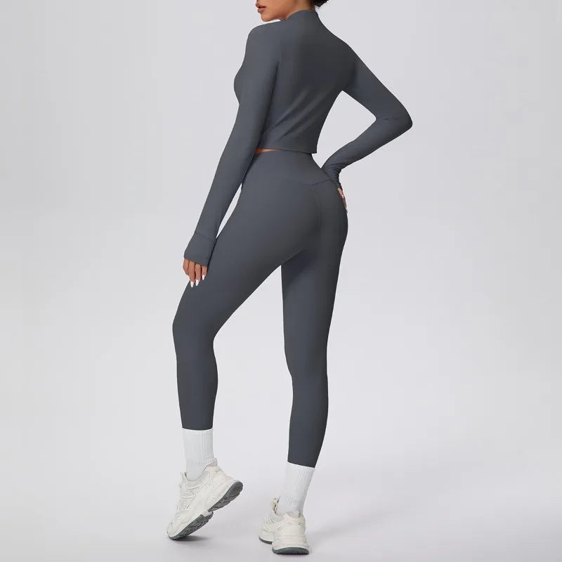 New Women Yoga Set Solid Color Double-Sided Brushed Bare Feel Short Long-Sleeve Jacket Tight Pants Running Fitness 2-Piece Set