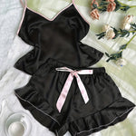 Women's satin pajama set sexy pleated pajama 2-piece set silk underwear shorts vest set soft and comfortable bow satin home wear