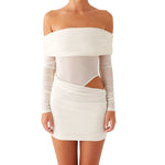 Women Mini Off Shoulder Slim Ruched Solid Color Party Club Dresses Cut Out Long Sleeve Backless Short Mesh Bodycon Dress