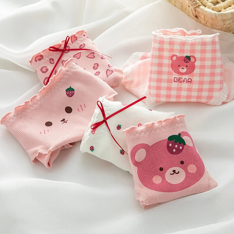 1-Pack Kawaii Bear Print Cotton Panties Women's Breathable Underwear Peach Blush Gingham Ruffled Briefs Low Rise Ladies Lingerie