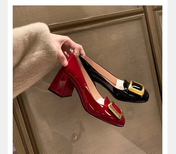 Women Pumps Fashion Square Heel Sexy High Heels Wedding Shoes Ladies Round Toe Metal Buckle Party Chunky Shoes Zapatillas Mujer