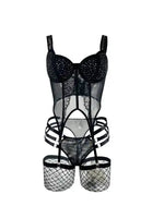 Sexy Shinestone Underwire Padded Bodysuits With Garter Belt Fishnet Transparent Backless Deep V Sleeveless Bodysuits Charm 0ZYL