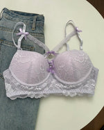 Japanese Lace Bra Set, Heart Pendant Purple Lingerie Sexy & Pure Small Chest Push Up Bralette, Fashion Outerwear Design Enhancer