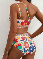 Women Sexy High Waist Split Swimsuit Lace Up Floral Bikini Set Summer Two-piece Beachwear Bathing Suit Thong Biquinis