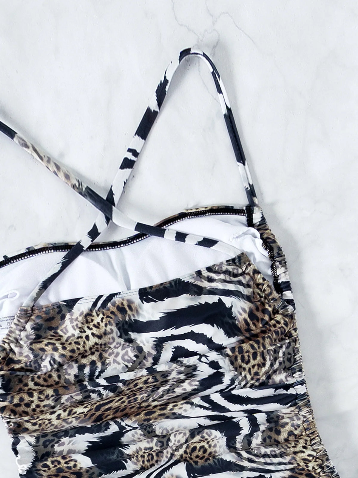 Sexy Leopard Swimwear Women Bandeau One Piece Swimsuit Beach Wear Drawstring Criss Cross Swimming Bathing Suit Bodysuit Monokini