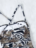Sexy Leopard Swimwear Women Bandeau One Piece Swimsuit Beach Wear Drawstring Criss Cross Swimming Bathing Suit Bodysuit Monokini