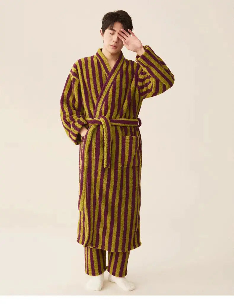 Thickened Flannel Robe Pants Pajamas Set Autumn Winter New Couple Coral Velvet Women Men Bathrobe Striped Lengthed Home Clothes