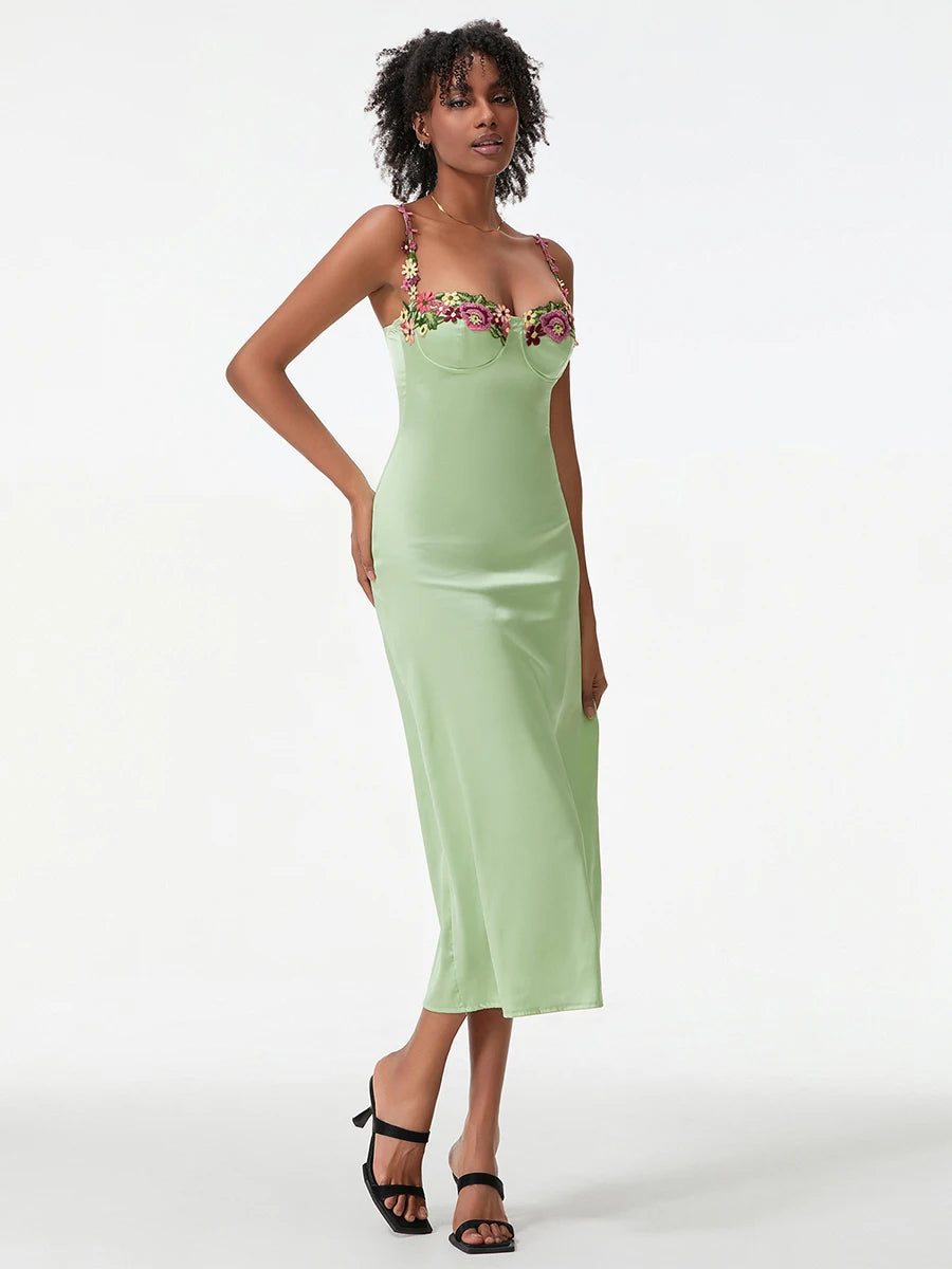 Satin Sling Bodycon Long Dress Women Flower Embroidery Sleeveless Spaghetti Strap Cocktail Dress Summer Party Club Skinny Dress