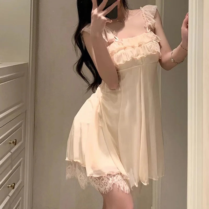 Spring Nightdress WomenLace Sweet Nightgown Home Dress Pajamas Summer Girl Princess Style Soft Sleepwear Nightwear Outwear