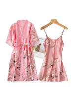 Burgundy Women Faux Silk Kimono Robe Gown Sets Sexy Print Crane Nightdress &Bathrobe Lingerie Nightgown Summer Sleepwear