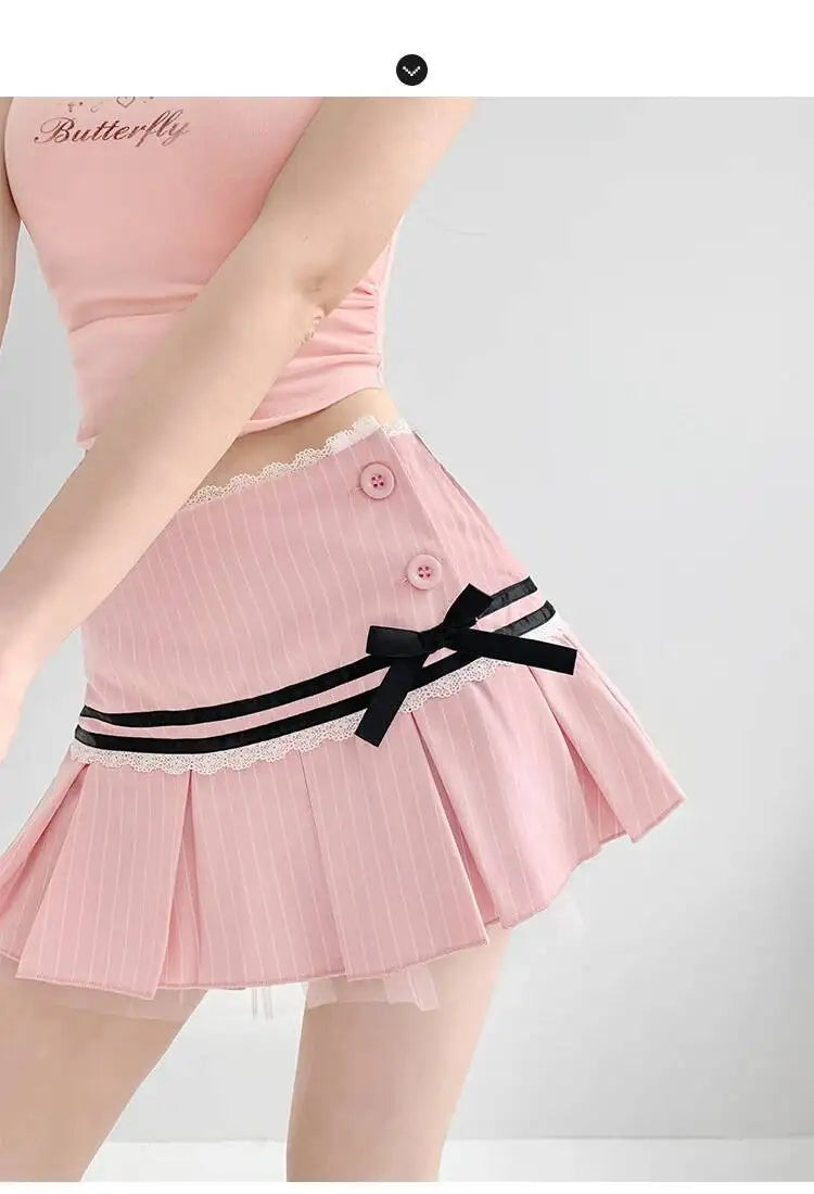 Striped Contrasting Color Bow Lace Splicing Pleated Skirt Women 2026 Summer American Style Low WaistA-line Short Skirt UBFK